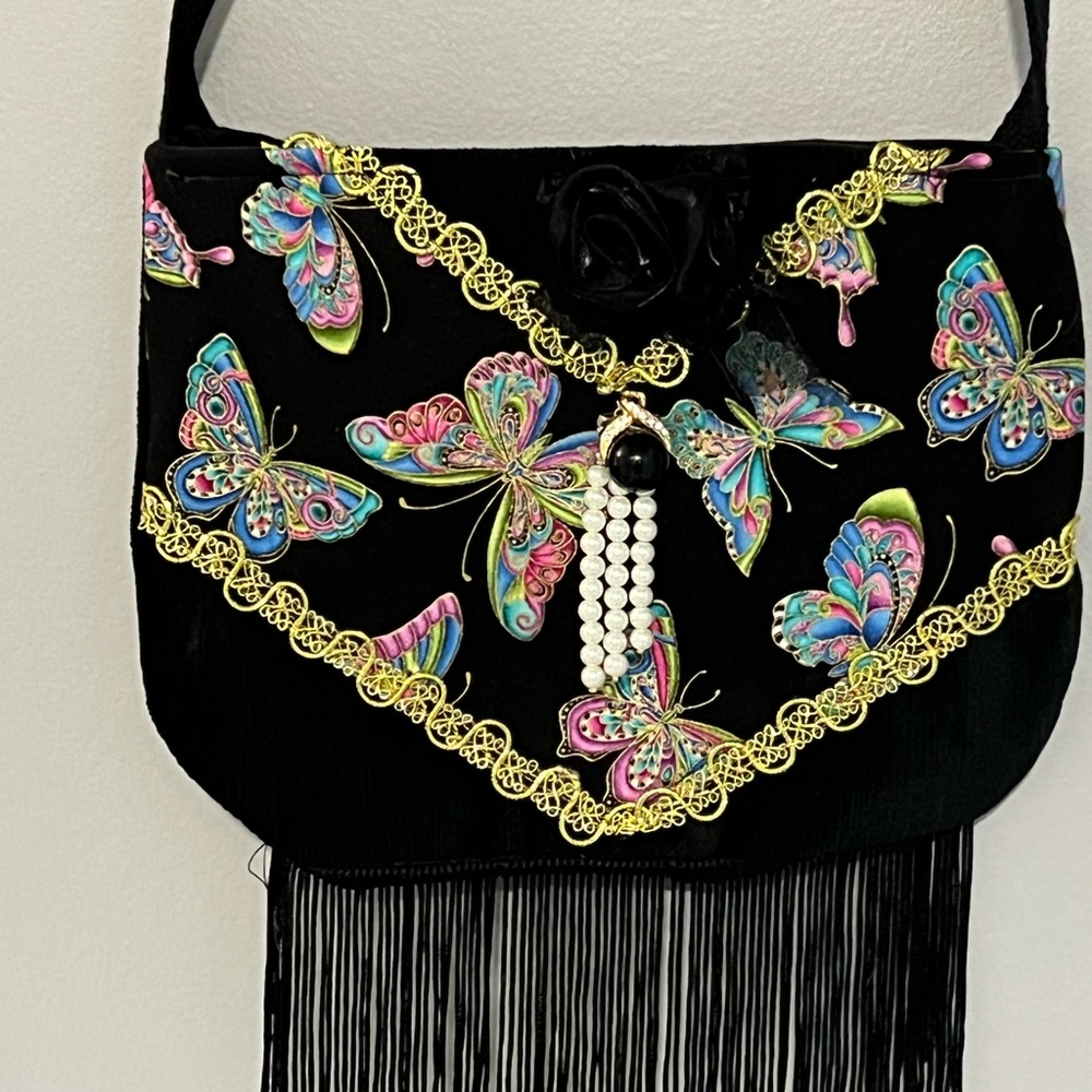 Hand Made Black Butterfly Shoulder Bag with Tassels - Picture 1 of 3